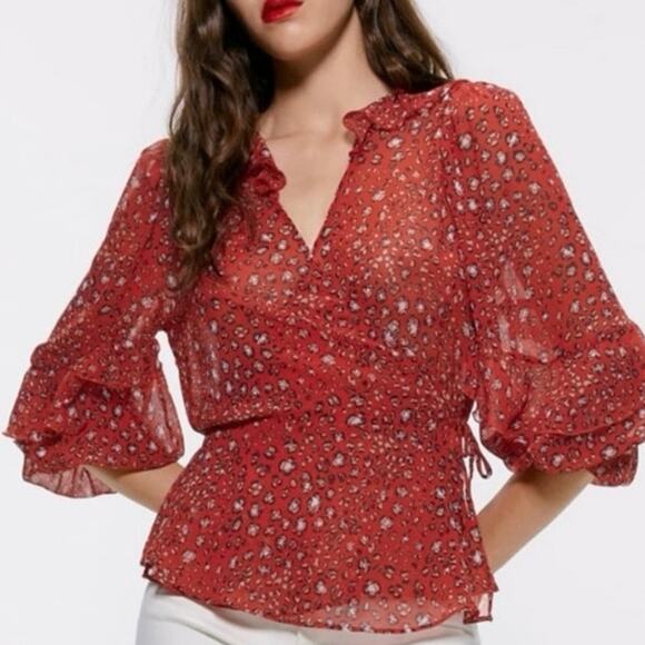 Zara RED animal print WRAP blouse V neck tie close sheer ruffle size M medium - Picture 2 of 15
